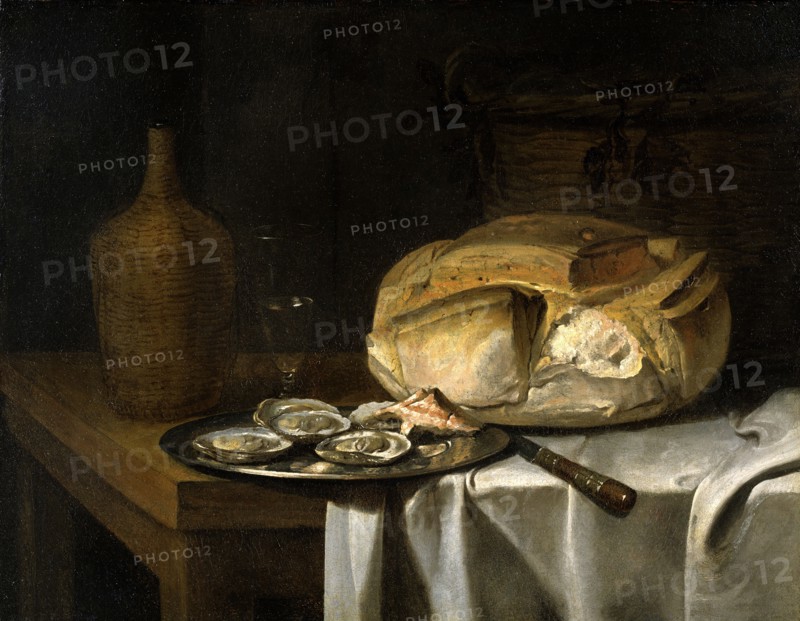 Still Life with a Loaf of Bread, Oysters and a Flask, c17th century. Creator: Unknown.
