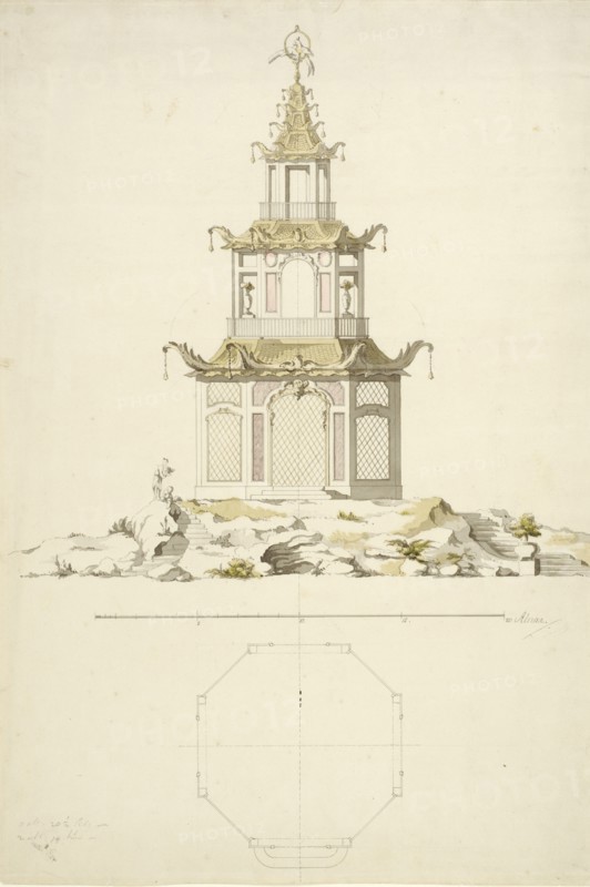 Aviary at Kina Castle, Drottningholm - Facade and plan, c1758. Creator: Carl Fredrik Adelcrantz.