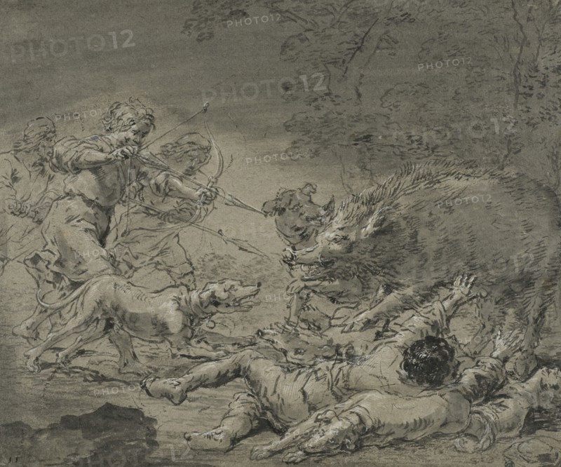Wild boar hunting, c17th century. Creator: Leonard Bramer.