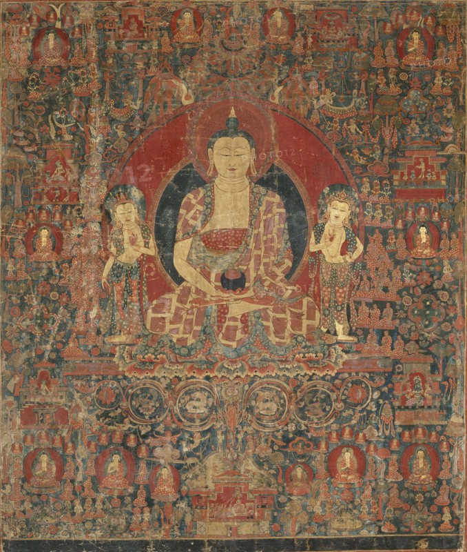 The Jina Buddha of Infinite Light (Amitabha) in His Pure Land Paradise (Sukhavati), 15th century. Creator: Anon.