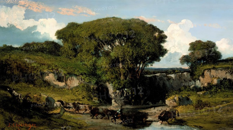 Mounted Herdsmen and Bulls in the Roman Countryside, c1860. Creator: Auguste Clésinger.