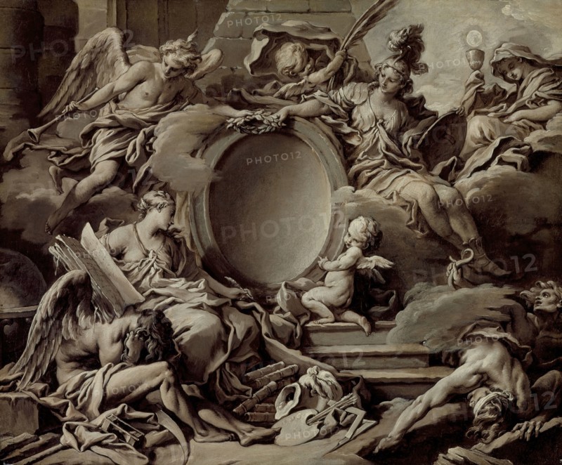 Project for a Cartouche: An Allegory of Minerva, Fame, History and Faith Overcomin..., c1727. Creator: Francois Boucher.
