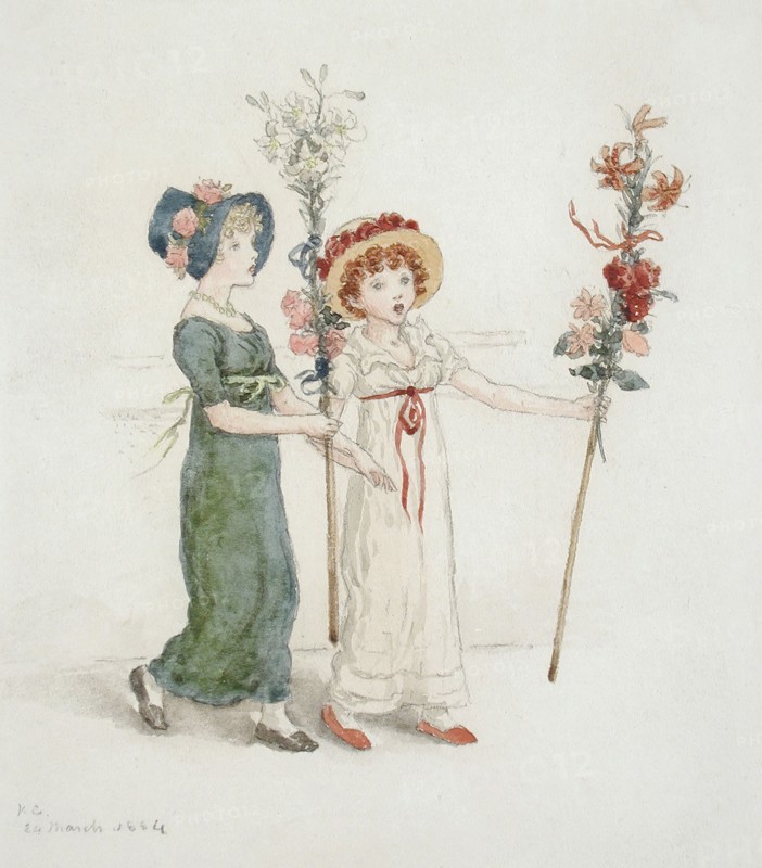 Two Children with Staffs, 1884. Creator: Catherine Greenaway.