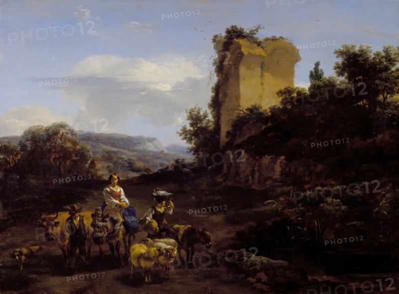 Landscape with Ruins and Travelers, 1654. Creator: Nicolaes Berchem.