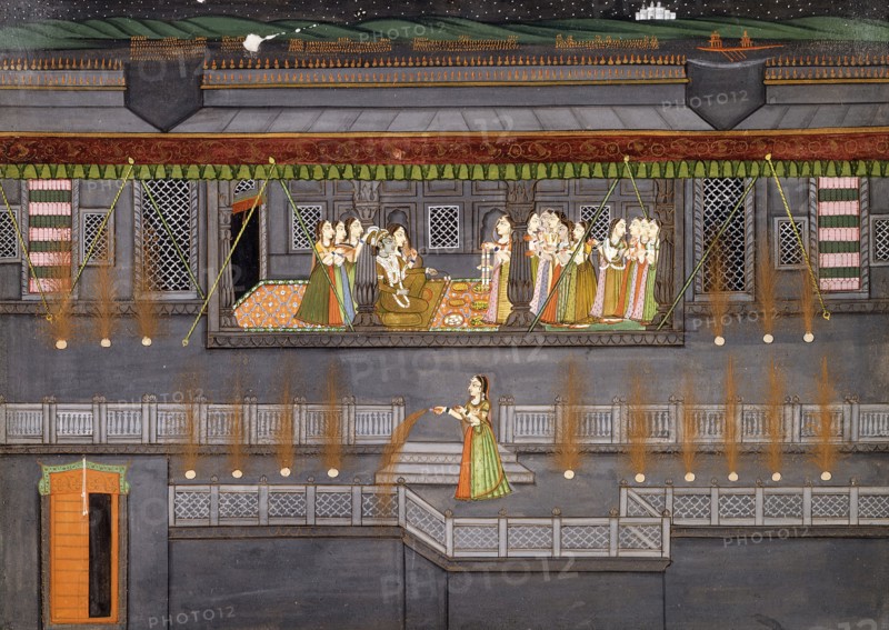Krishna and Radha Enjoying a Feast and Fireworks, early 19th century. Creator: Unknown.
