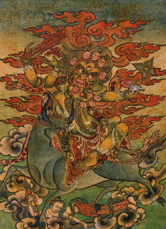 Yellow Yama (?) and Consort on Bull, Nyingmapa Buddhist or Bon Ritual Card, 18th-19th century. Creator: Unknown.