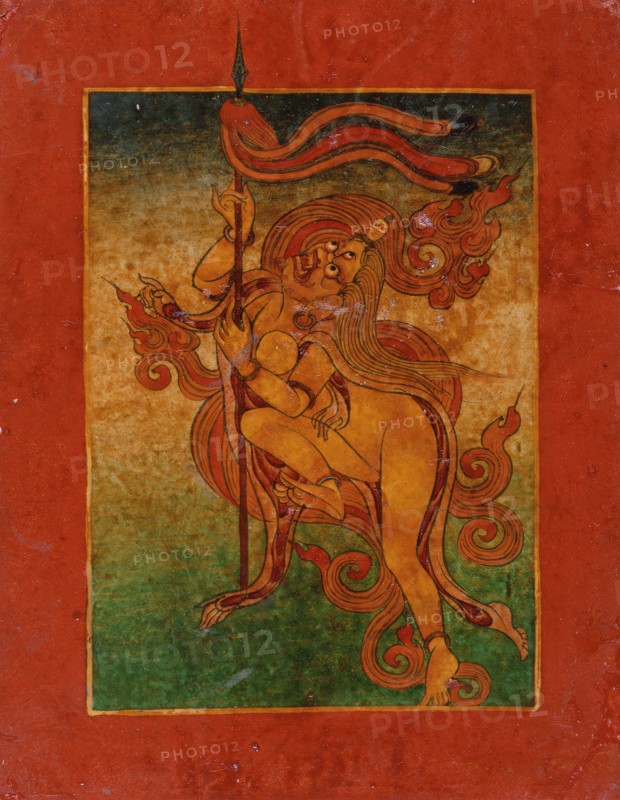 Yellow Yami (?) with Spear, Nyingmapa Buddhist or Bon Ritual Card, 18th-19th century. Creator: Unknown.