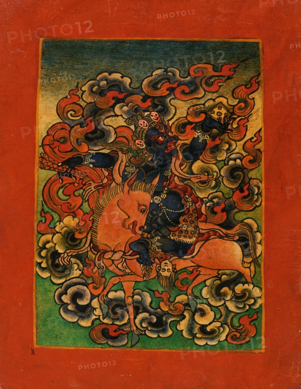 Blue Deity from Yama's Retinue (?) Riding a Bull, Nyingmapa Buddhist..., 18th-19th century. Creator: Unknown.