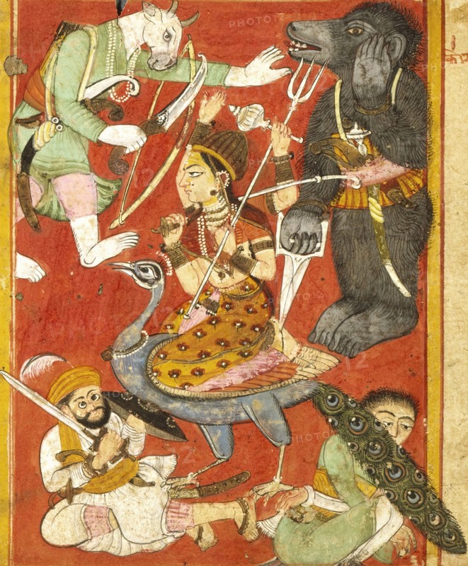 Vaishnavi and Varahi Fighting Asuras(Recto), Kumari Fighting Asuras(Verso)..., between 1675 and 1700 Creator: Unknown.