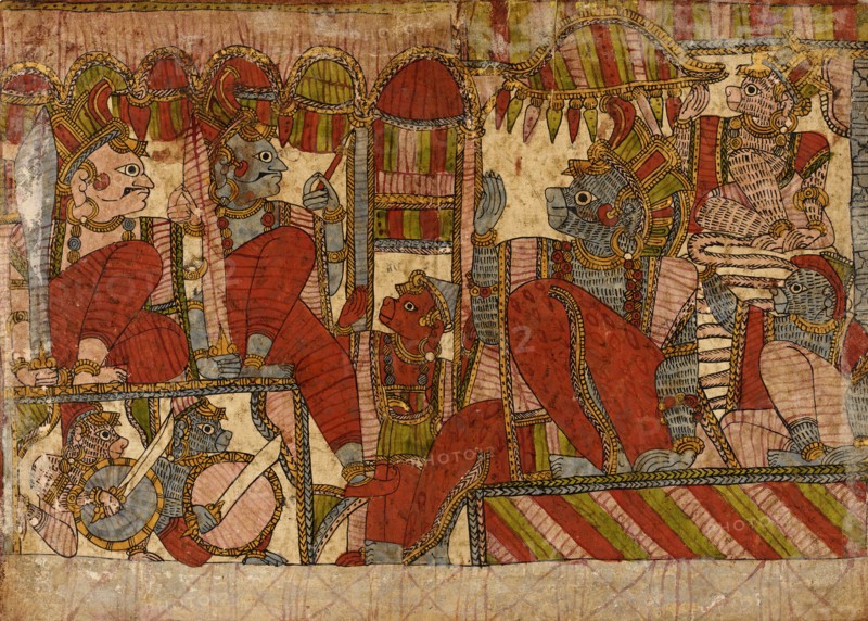 Rama and Lakshmana at Conference with Sugriva, the Simian King, and Companions..., c1850. Creator: Unknown.