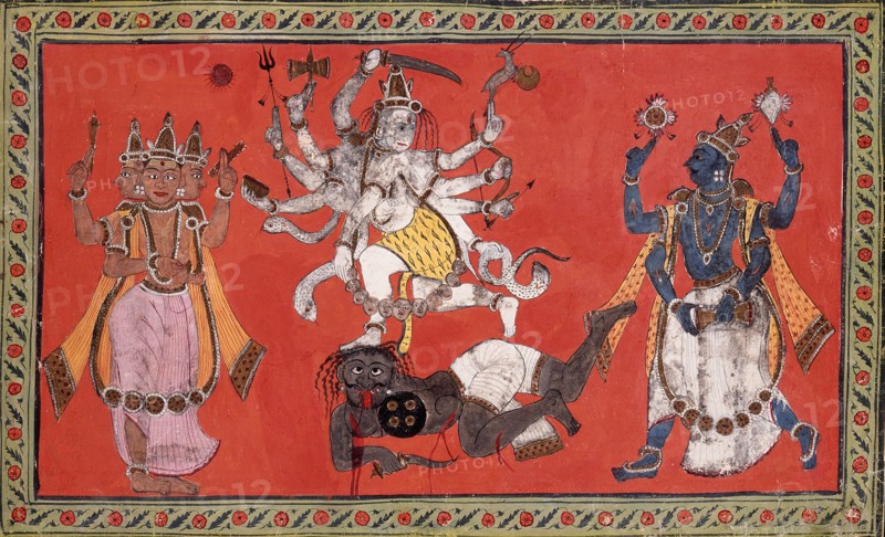 Shiva Performing the Dance of Bliss while Vishnu and Brahma Provide Musical Accompaniment, c1760. Creator: Unknown.