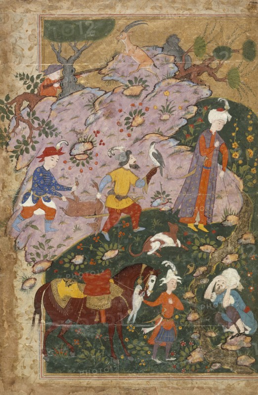 Courtier and Attendants in a Landscape, Left Side of a Double-Page..., between c1585 and c1590. Creator: Unknown.
