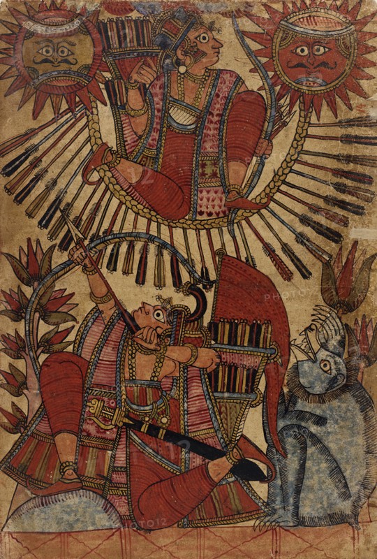 Vrishaketu Shoots Babhruvahana into the Air on a Circle of Arrows (recto)..., c1850. Creator: Unknown.