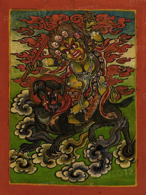 Dakini on a Gray Dog, Nyingmapa Buddhist or Bon Ritual Card, 18th-19th century. Creator: Unknown.