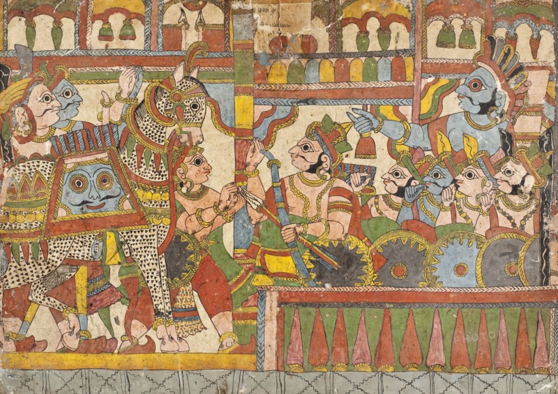 Babhruvahana Surrenders the Sacrificial Horse Syamakarna to His Father ..., c1850. Creator: Unknown.