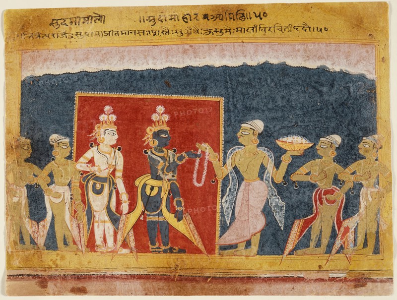 Sudama Offers a Garland to Krishna, Folio from a Bhagavata Purana..., between 1550 and 1575. Creator: Unknown.