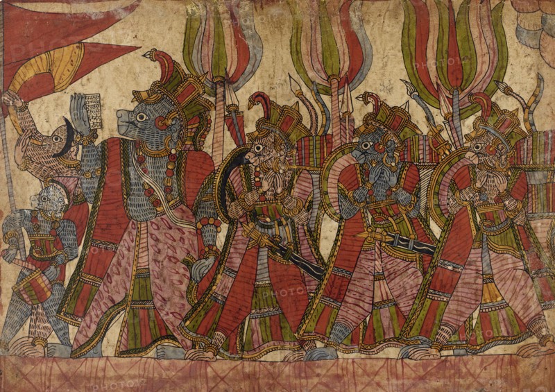 The Simian Generals in Procession, Scene from the Story of the Burning of Lanka..., c1850. Creator: Unknown.