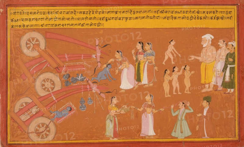 Krishna Breaks the Cart, Folio from a Bhagavata Purana (Ancient Stories of the Lord), c1725. Creator: Unknown.