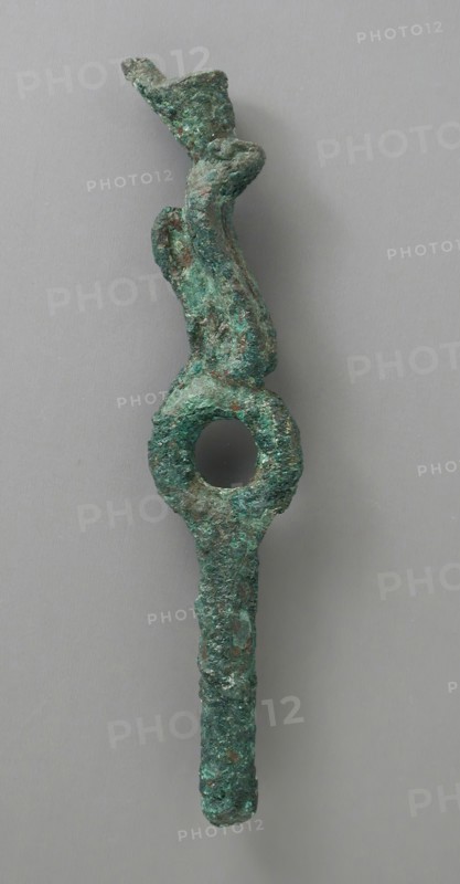 Bronze Ringed Element with Crowned Uraeus Figure, Late Period-Ptolemaic Period (711-30 BCE). Creator: Unknown.