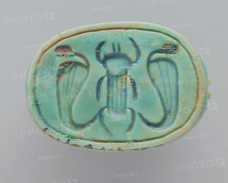 Faience Scarab Depicting a Beetle Flanked by Cobras, 18th-26th dynasties (1569-525 BCE) or modern. Creator: Unknown.