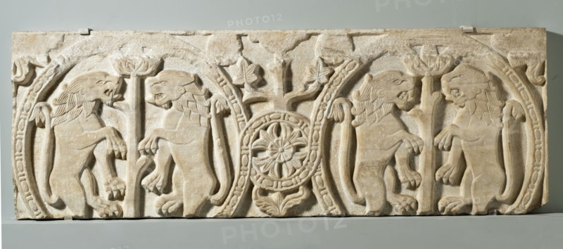 Fragment with Lions Rampant from a Choir Screen or Ambo, c.1100. Creator: Unknown.