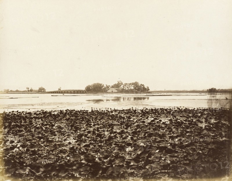 River View with Seventeen Arch Bridge, Yuan Ming Yuan, Peking, 1860. Creator: Felice Beato.