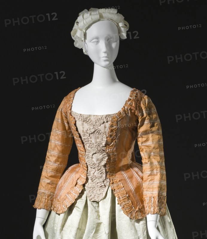 Woman's striped silk sack-back jacket (caraco), Europe, c.1760, altered c.1780. Petticoat: c.1785. Creator: Unknown.