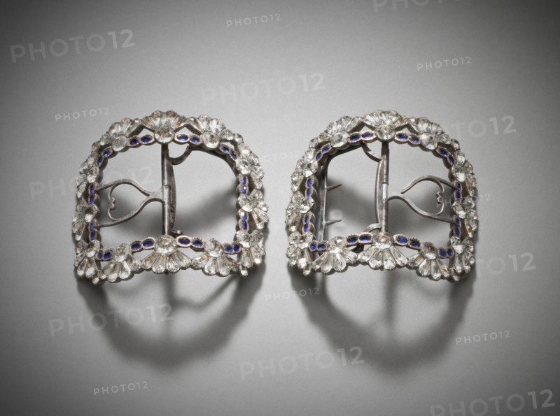 Pair of woman’s shoe buckles,  with paste stones, England, c.1780-1785. Creator: Unknown.