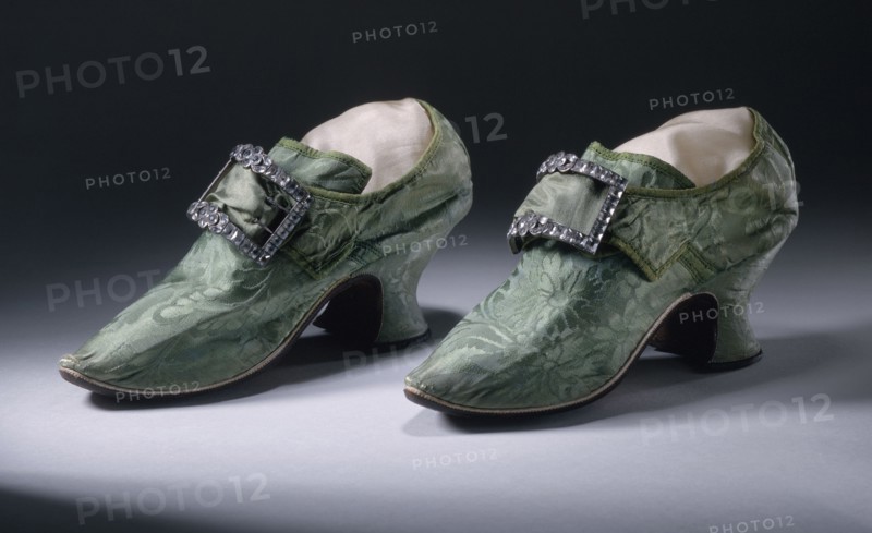 Pair of woman's silk damask shoes with buckles, between 1740 and 1750. Creator: Unknown.