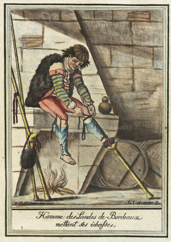Costumes de Différent Pays, 'Homme des Landes de Bordeaux Mettant ses Échasses', c1797. Creators: Jacques Grasset de Saint-Sauveur, LF Labrousse.