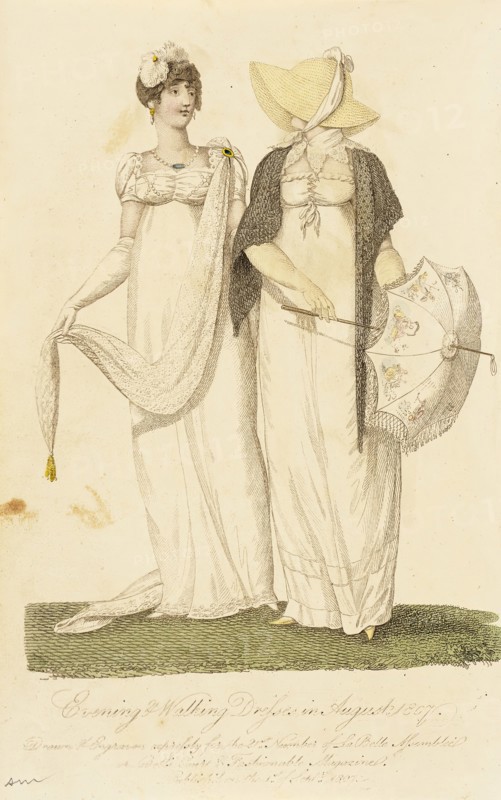 Fashion Plate (Evening & Walking Dresses in August 1807), 1807. Creator: John Bell.