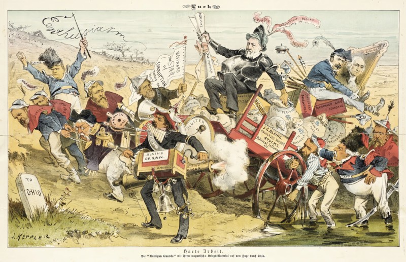 Harte Arbeit .... Cartoon from Puck, 1884. Creators: Joseph Keppler, Bernhard Gillam.