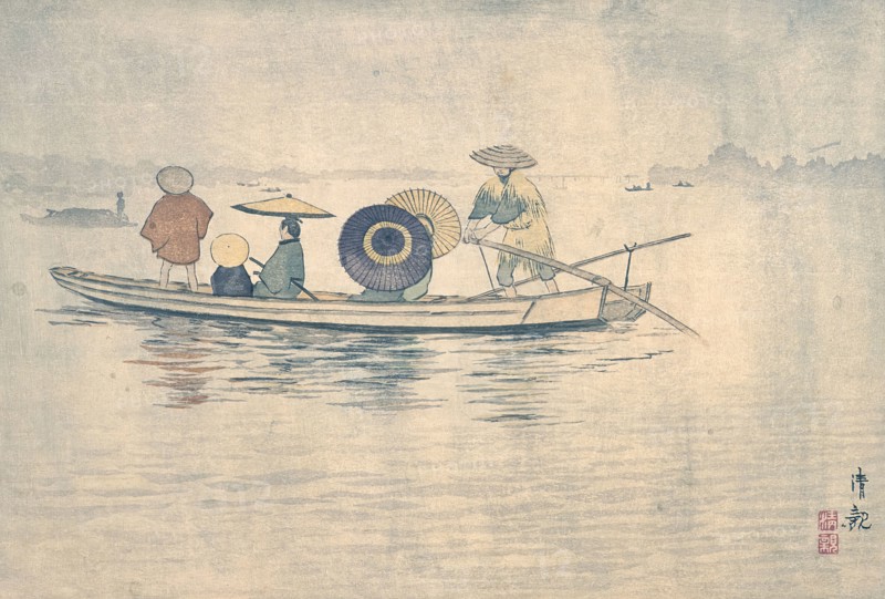 Spring Rain near the Great Riverbank: A Crossing Ferry Boat, c1884. Creator: Kobayashi Kiyochika.