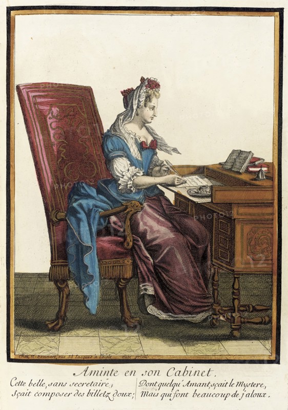 Recueil des modes de la cour de France, 'Aminte en son Cabinet', between circa 1678 and circa 1693. Creator: Nicolas Bonnart.