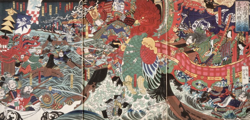 Yoshitsune Leaps Over Eight Boats at Dannoura Bay during the Battle of Yashima, 19th century. Creator: Tsukioka Yoshitoshi.