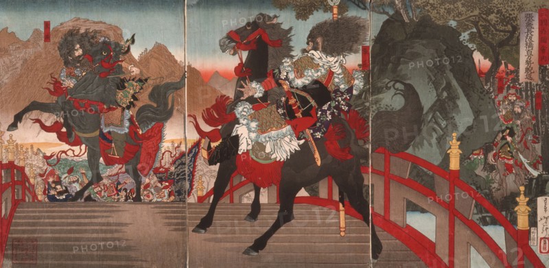 Zhang Fei on the Long Sloped Bridge Turning Away One Million Wei Troops with a Powerful Stare, c1883 Creator: Tsukioka Yoshitoshi.