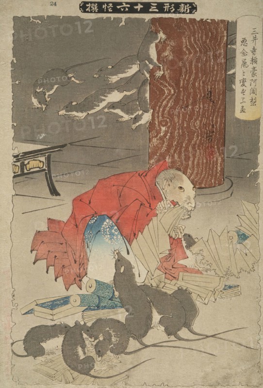 The Wicked Thoughts of the Priest Raigo of Miidera Transform Him into a Rat, 1891. Creator: Tsukioka Yoshitoshi.