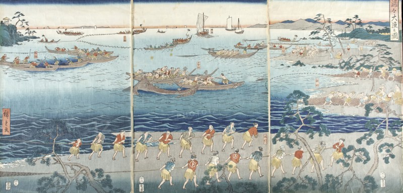 Great Scene of Fishing in the Bay, Mid-19th century. Creator: Ando Hiroshige.