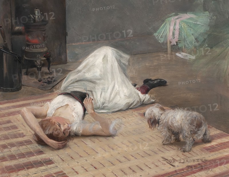 Smoking model with dog, 1890. Creator: Karl Robert Lundberg.