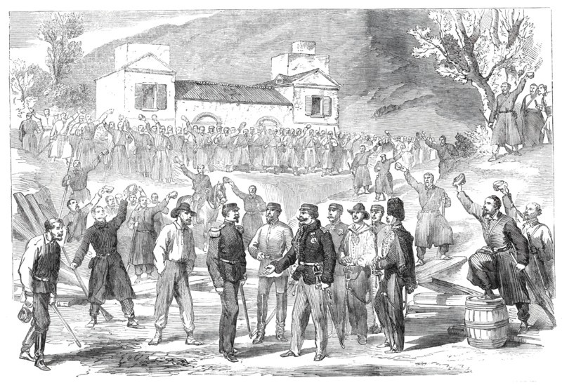 The first visit of Victor Emmanuel to the camp of the national army at St. Angelo..., 1860. Creator: Unknown.