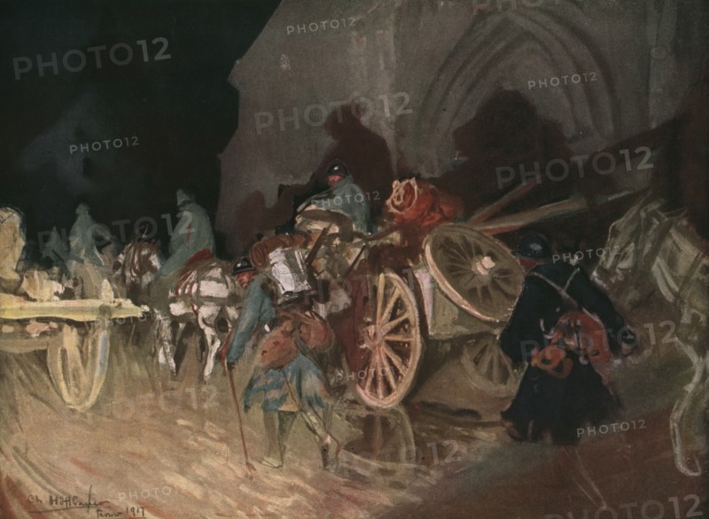 'Six Mois Dans la Somme; Releve d'infanterie de nuit un village', 1916. Creator: Charles Hoffbauer.