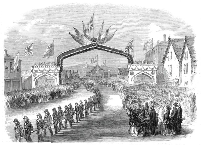 The members of the fire companies drawing the Prince of Wales through Carleton..., 1860. Creator: Unknown.