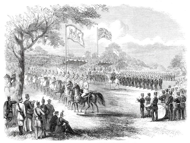 The 1st Lancashire Mounted Rifles and the Artillery Brigade marching past, 1860. Creator: Unknown.