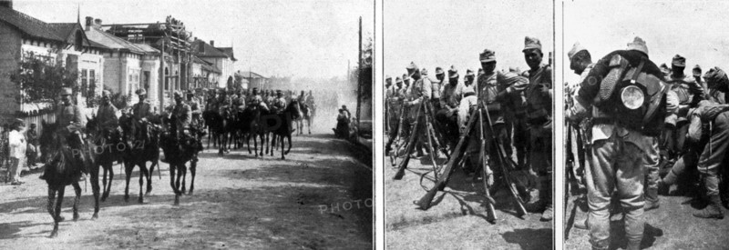 'La Roumanie dans la Guerre; Troupes de cavalerie et d'infanterie roumaines partant pour le front',  Creator: Unknown.
