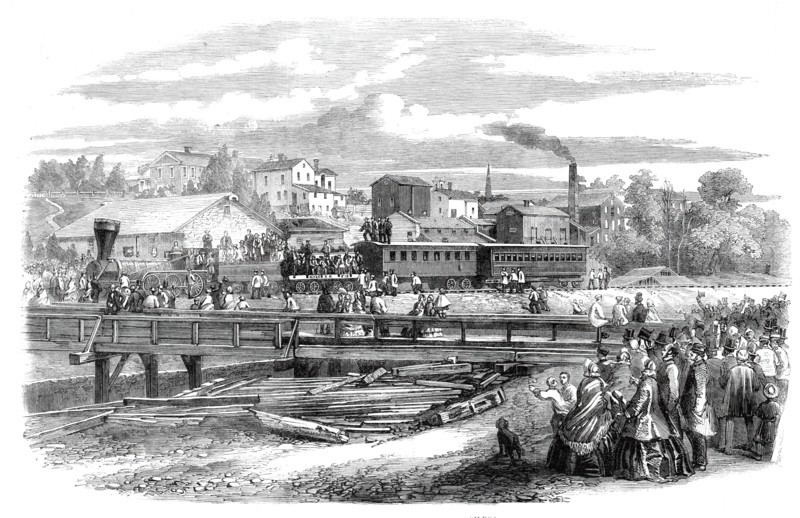 Arrival of the first train of the Atlantic and Great Western Railroad at James Town..., 1860. Creator: Unknown.