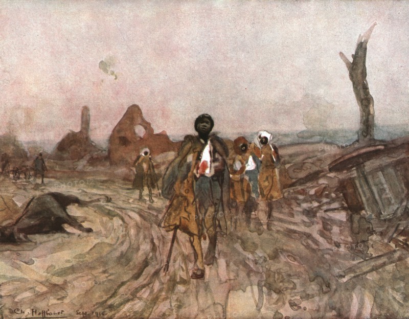 'Six Mois Dans la Somme; Senegalais blesses, sur la route d'Assevillers (septembre 1916)', 1916. Creator: Charles Hoffbauer.