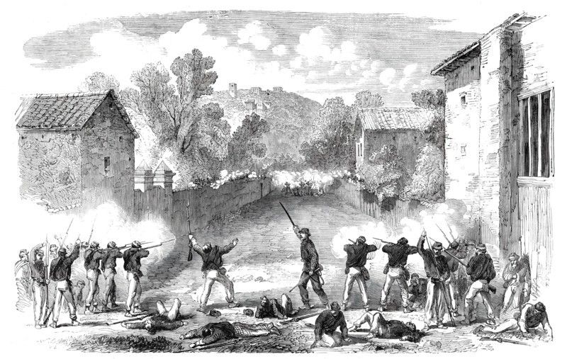 The Revolution in Sicily - Sicilian skirmishers attacking the advanced posts of the..., 1860. Creator: Unknown.