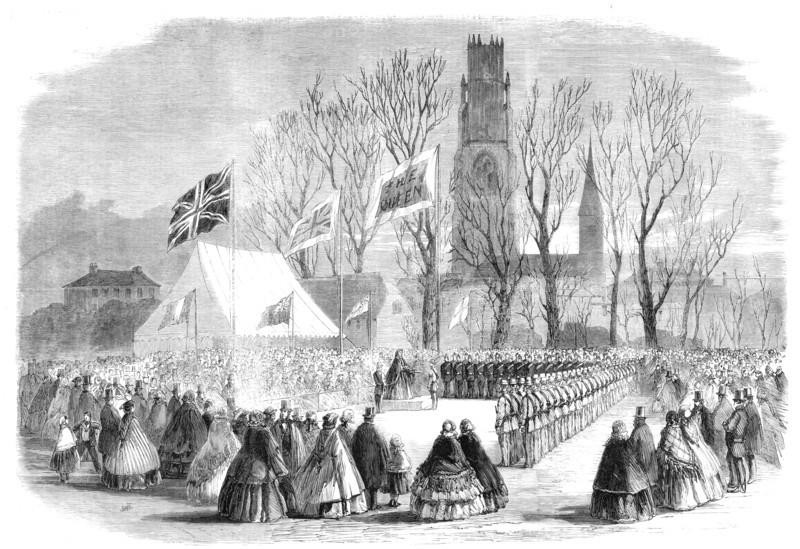 Presentation of a silver trumpet to the Artillery Corps and a silver bugle to the Rifle..., 1860. Creator: Unknown.