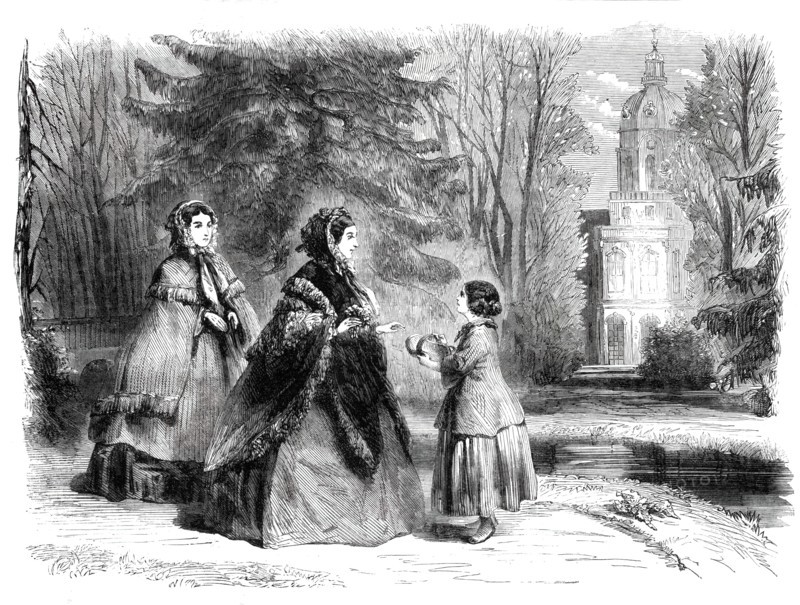 The Princess Frederick William of Prussia promenading in the garden of the palace at..., 1860. Creator: Unknown.