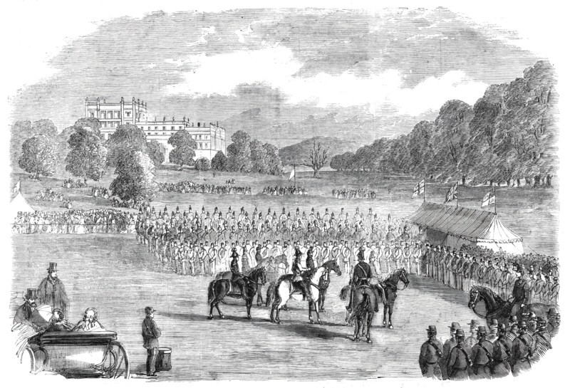 Review of Derbyshire Rifle Volunteers at Chatsworth Park - from a drawing by T. Walton, 1860. Creator: Unknown.